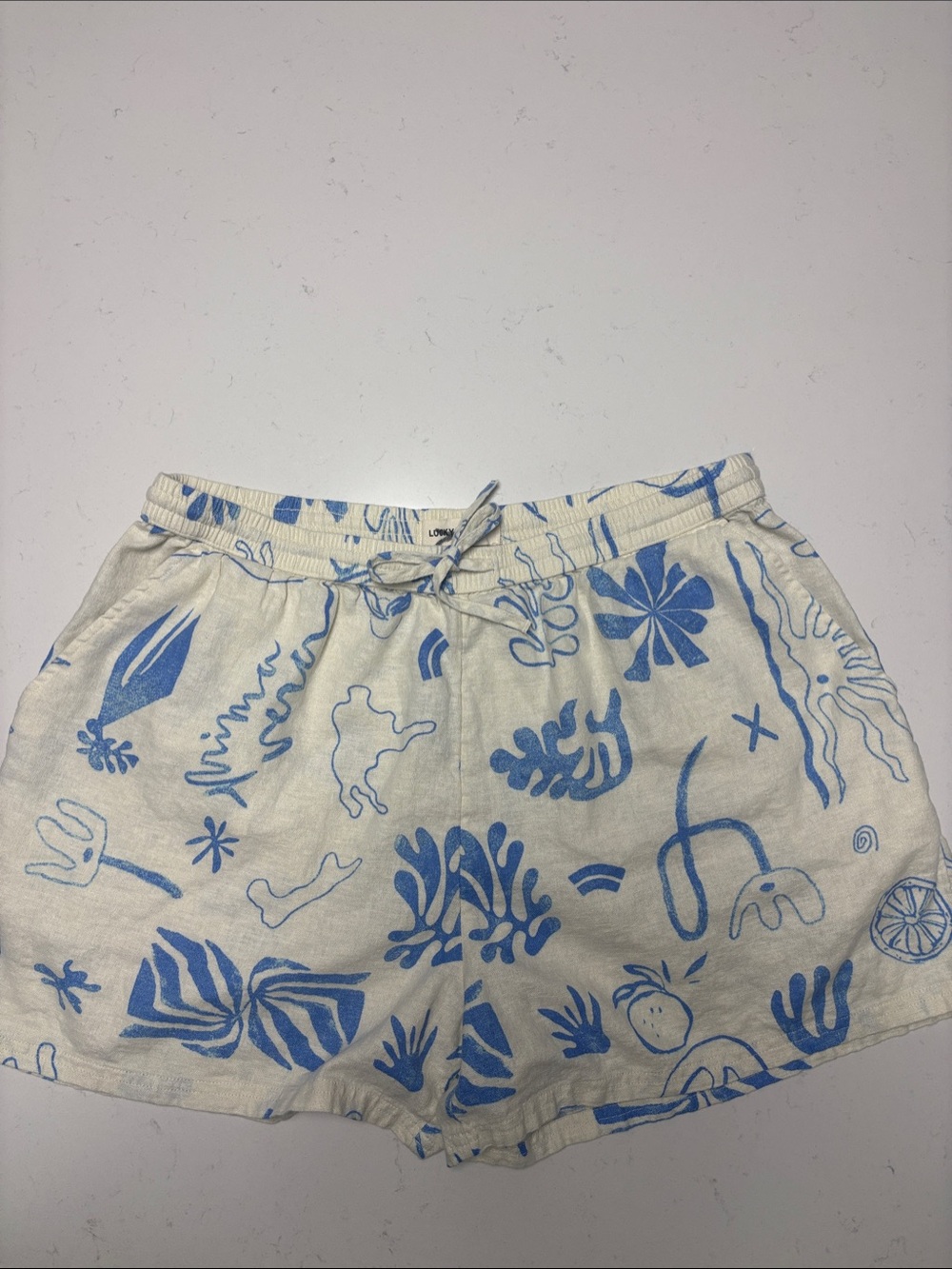 Lucky Brand Cream and Blue Printed Linen Blend Shorts